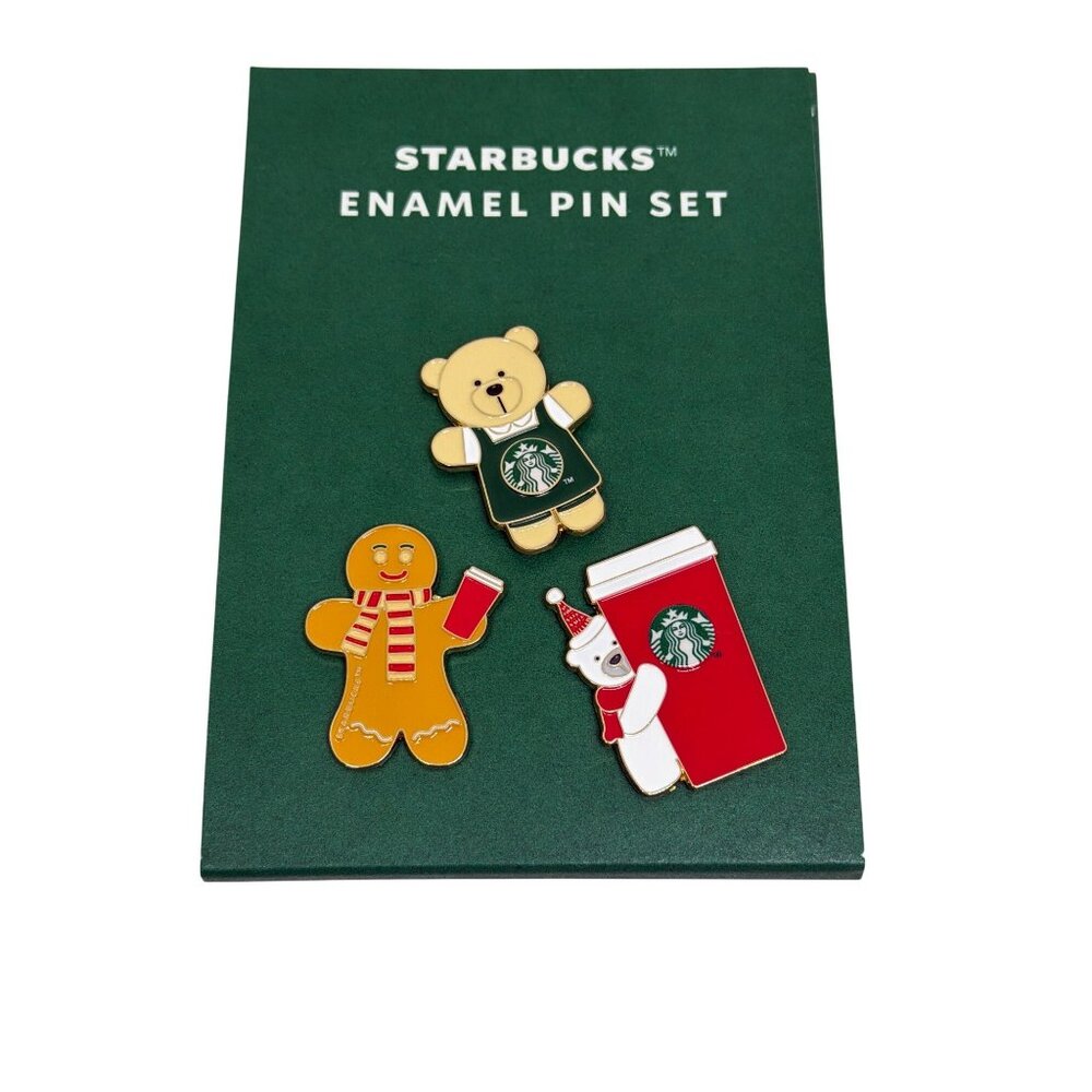 Starbucks 2025 Christmas Enamel Pin Set Cute Holiday Bear,‎ Gingerbread Trio NWT